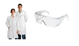 Biały FARTUCH laboratoryjny biały kitel + OKULARY LABORATORYJNE Biały fartuch medyczny kitel