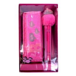 Piórnik saszetka PASO brokatowy + długopis z pomponem i ozdobą Barbie