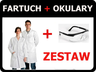 Biały FARTUCH laboratoryjny biały kitel 100% bawełna + OKULARY LABORATORYJNE Biały fartuch medyczny kitel