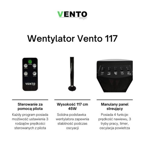 Wentylator Kolumnowy Vento 117 cm 45W z Pilotem Czarny