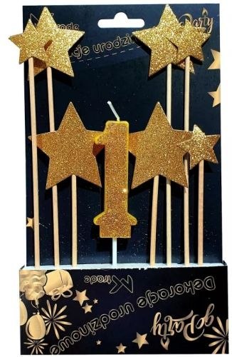 Dekoracja urodzinowa DF-072, Topper złote gwiazdki i świeczka "1", 8 szt.
