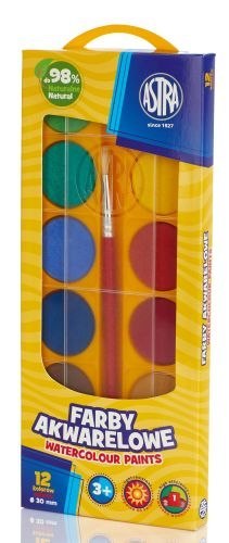 Farby akwarelowe ASTRA 12 kolorów - fi 30 mm w pudełku