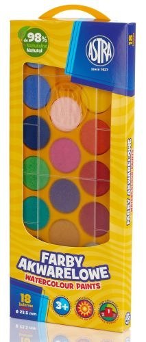 Farby akwarelowe ASTRA 18 kolorów - fi 23, 5 mm w pudełku