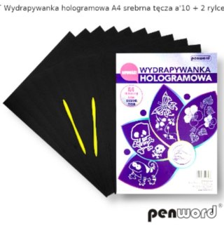 Wydrapywanka PENWORD hologramowa A4 srebrna tęcza 10ark. + 2 rylce