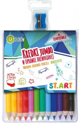 Kredki Jumbo ST.ART w oprawie drewnianej 12 kolorów + temperówka [opak=8szt]