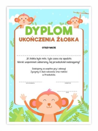 Dyplom A4 ukończenia żłobka - Małpki 10szt