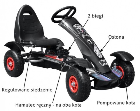 Gokart na pedały Racing XL dla dzieci 3+ Czarny + Pompowane koła + Regulacja fotela + Wolny bieg