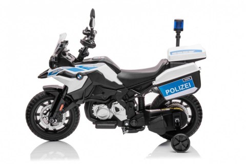 Motor Policyjny BMW F850 GS na akumulator dla dzieci + Kółka pomocnicze + Syrena + Światła + 2 Kufry + Wolny Start