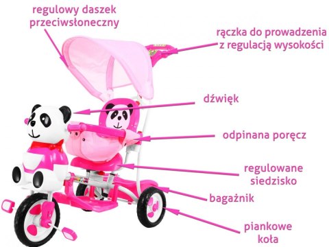 Rowerek trójkołowy spacerowy Panda funkcja bujaka dźwięki piankowe koła