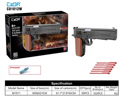 Klocki techniczne CaDA 332 el. Pistolet M1911 z funkcją strzelania dla dzieci 8+