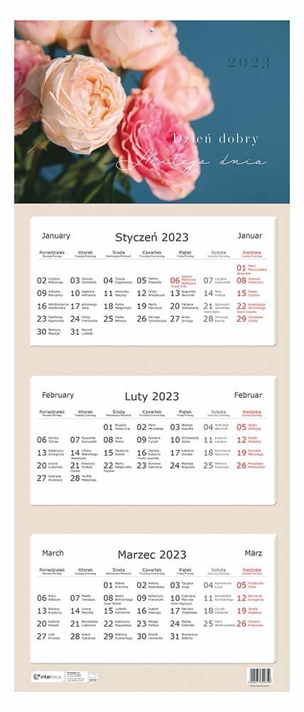 KALENDARZ TRÓJDZIELNY 82, 5X34 CM KWIATY 2023