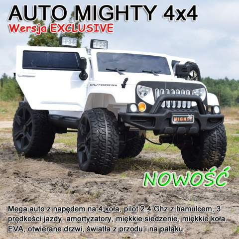 Auto na akumulator Mighty Jeep dla dzieci Biały + 2-osobowy + Napęd 4x4 + 2 bagażniki