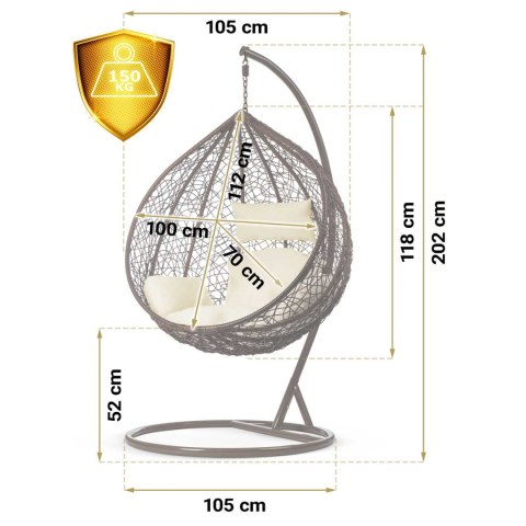 Fotel ogrodowy wiszący bujany Hawana brązowy + kremowe poduszki