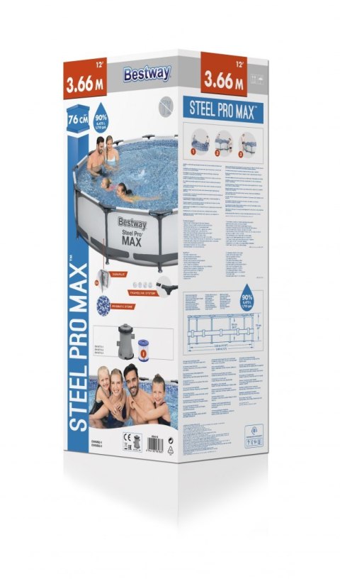 Basen Stelażowy Steel Pro MAX 366x76 Okrągły 12FT BESTWAY 3w1 + Pompa Filtr