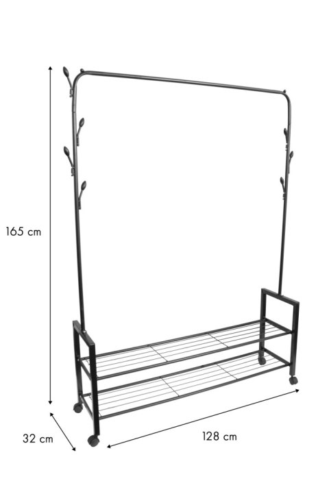Wieszak stojący z 2 półkami stojak z kółkami na odzież