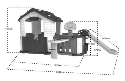 Duży Domek ogrodowy 5w1 dla dzieci + Zjeżdżalnia + Koszykówka + Ogródek + Stolik + 2 Krzesełka Zielony Dach