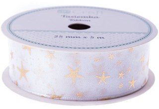 Tasiemka DPCRAFT white christmas , 25 mm x 5m, gwiazdki