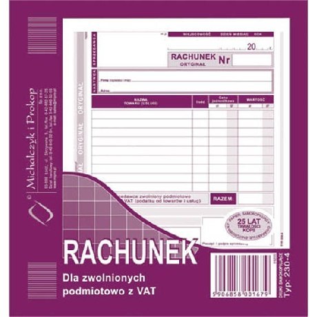 Druk-rachunek 2/3 A5 dla zwolnionych z VAT 230-4