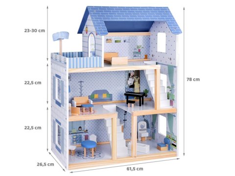 Drewniany błękitny domek dla lalek + mebelki 3 piętra teras ZA5273