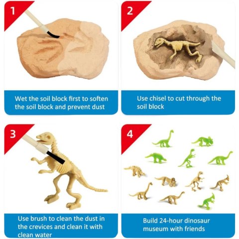 Archaeological excavation -12 dinosaurs/box with single double-headed tool