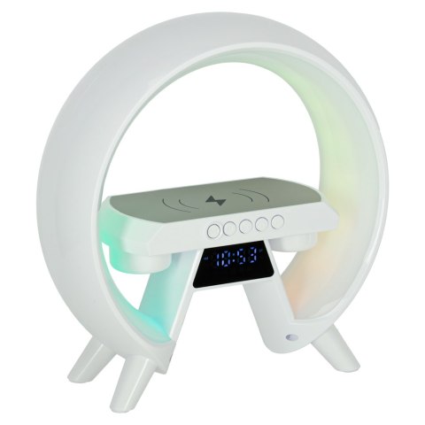 Lampka LED RGB 4w1 z ładowarką indukcyjną bezprzewodowa głośnik bluetooth budzik radio FM biała