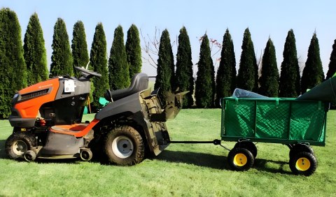 Wózek transportowy ogrodowy 400 kg do traktorka otwierane burty duże pompowane koła MultiGarden