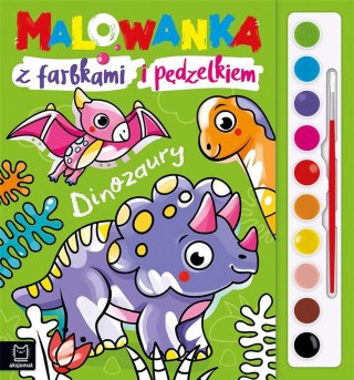 Malowanka z farbkami i pędzelkiem. Dinozaury