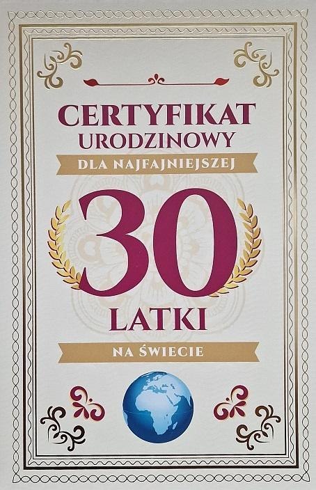 Karnet Certyfikat Urodzinowy 30 urodziny damskie