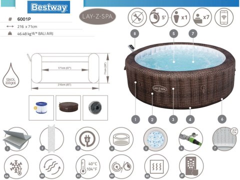 Bestway Lay-Z-Spa BALI Smart 7 Wifi hydromasaż 5-7os wbudowana pompa 6001P