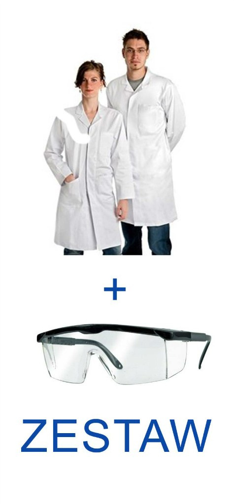 Fartuch Laboratoryjny biały 100% bawełna kitel + Okulary ZESTAW