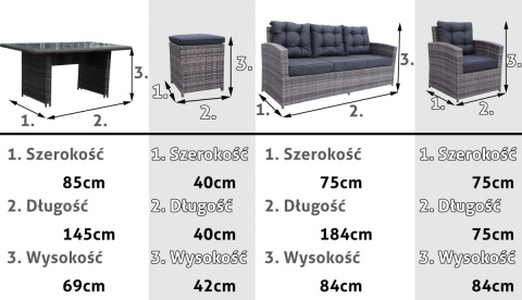 MEBLE OGRODOWE RATTAN Z PODUCHAMI SOFA FOTELE STÓŁ PUFY- GRAFITOWE