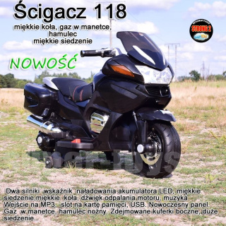 Motor na akumulator HZB118 Pojazd na akumulator SZYBKI MOTOR ŚCIGACZ 118, MIĘKKIE KOŁA, MIĘKKIE SIEDZENIE, GAZ W RĄCZCE /HZB118