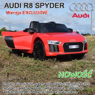 ORYGINALNE AUDI R8 SPYDER W NAJLEPSZEJ WERSJI, MIĘKKIE SIEDZENIE, PILOT 2.4 GHZ/ 2198