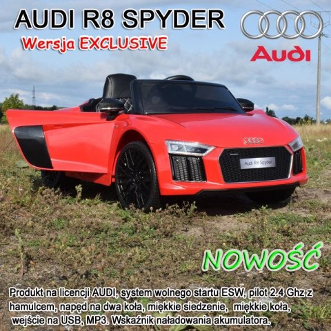 ORYGINALNE AUDI R8 SPYDER W NAJLEPSZEJ WERSJI, MIĘKKIE SIEDZENIE, PILOT 2.4 GHZ/ 2198