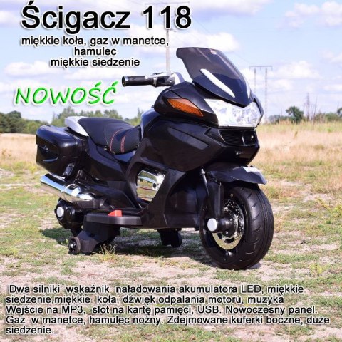 Motor na akumulator HZB118 NAJWIĘKSZY SZYBKI MOTOR ŚCIGACZ 118, MIĘKKIE KOŁA, MIĘKKIE SIEDZENIE, GAZ W RĄCZCE, HAMULEC /HZB118