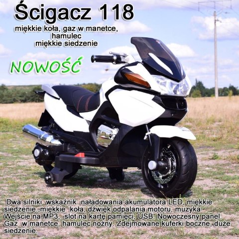 Motor na akumulator HZB118 SUPER SZYBKI MOTOR ŚCIGACZ 118, MIĘKKIE KOŁA, MIĘKKIE SIEDZENIE, GAZ W RĄCZCE, HAMULEC /HZB118