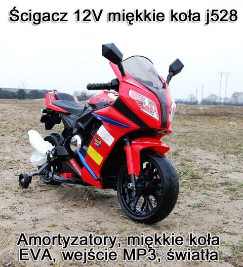 WIELKI MOTOR ŚCIGACZ MIĘKKIE KOŁA EVA, AMORTYZATORY 12V