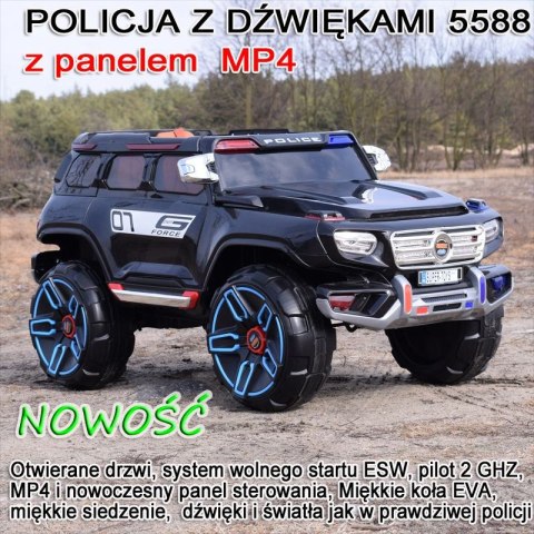 MEGA POLICJA Z DŹWIĘKIEM, MIĘKKIE KOŁA, MIĘKKIE SIEDZENIE, PANEL MP4/HJ5588